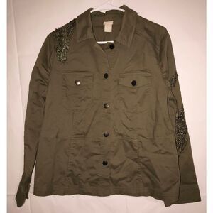 Chico's utility jacket  olive army green color lace floral appliqué shoulders Si